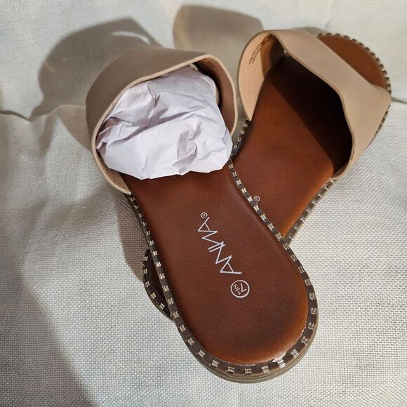 ANNA Beige Studded Slide Sandals with Wide‎ Band Summer Casual Slip-On Flats - Picture 3 of 4